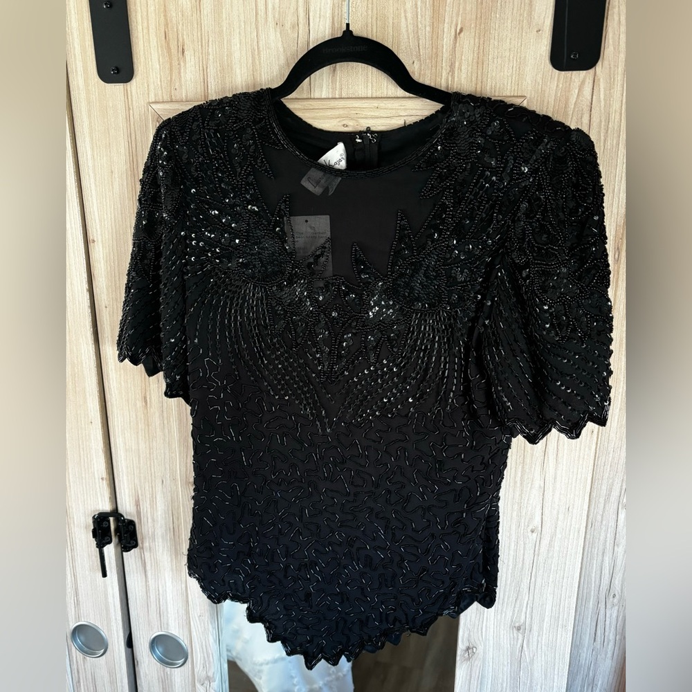 NWT Laurence Kazar Vintage (90s) Black Sequined Top Size M